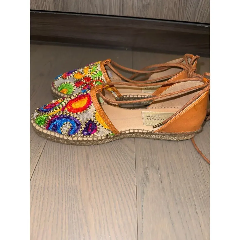 Gaimo Colorful Paisley Embroidered Espadrille Strappy Ankle Tie Sandals Size 38